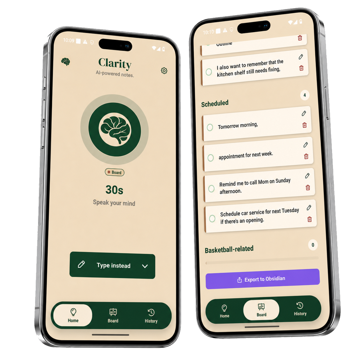 Clarity home and board screens on two phones